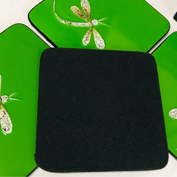 Lacquer Dragonfly Coasters Non Skid Back in Wood Lacquered Box Green/Black Set-6 - Picture 3 of 6